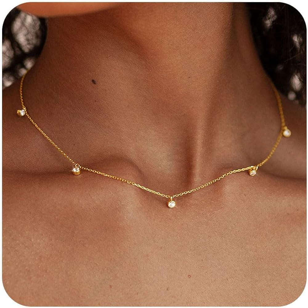 FUNEIA Dainty Silver Gold Necklaces for Women Trendy Non Tarnish 14K Gold Plated Cubic Zirconia N... | Amazon (US)