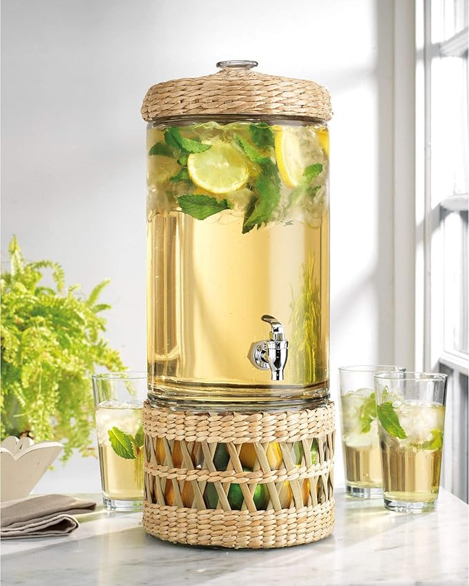 Modern Wicker Basket Ice Cold Clear Glass Beverage Drink Dispenser 2 Gallon With Spigot With Ratt... | Amazon (US)