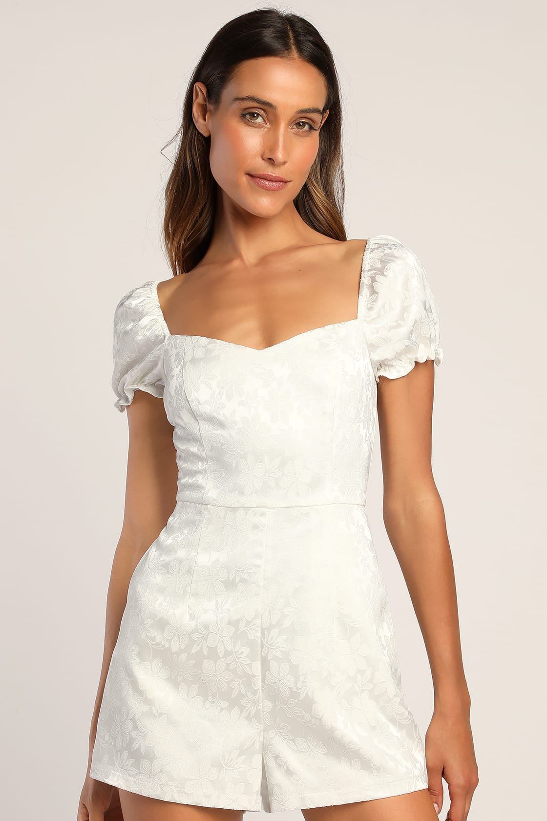 All Elegance Ivory Satin Floral Jacquard Puff Sleeve Romper | Lulus (US)