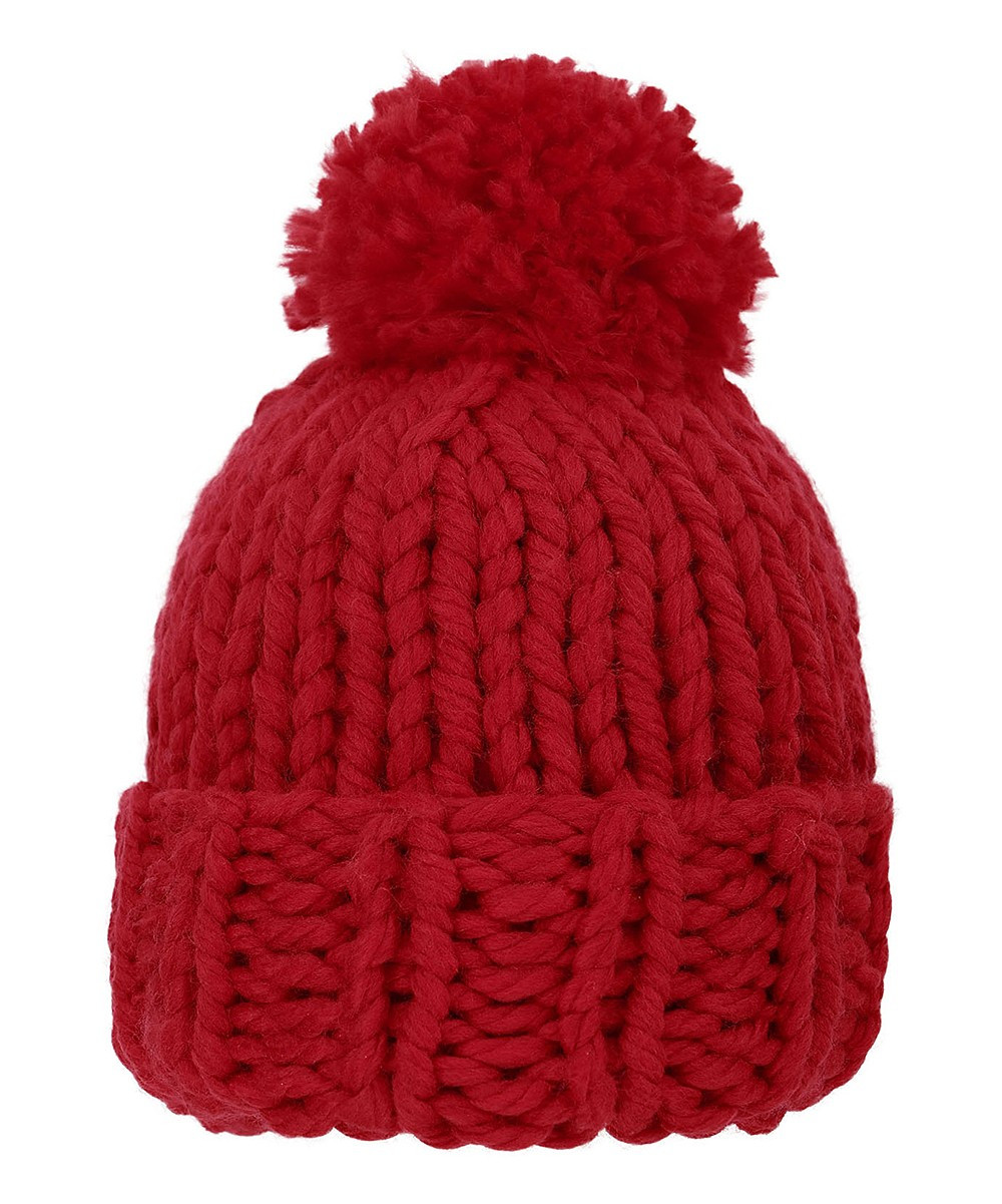 ARCTIC PAW Women's Beanies Red - Red Chunky-Knit Faux-Fur Pom-Pom Beanie | Zulily