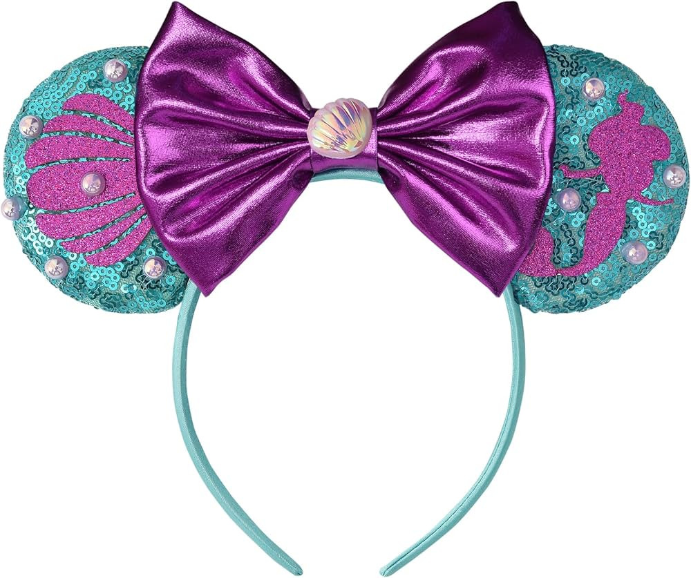 Ariel Little Mermaid Minnie Ears Bow Headbands, Sequin Purple Minnie Ears Headband Glitter Party ... | Amazon (US)