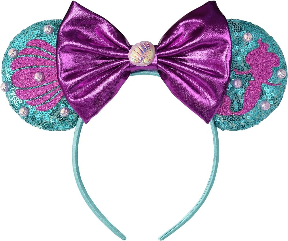 Ariel Little Mermaid Minnie Ears Bow Headbands, Sequin Purple Minnie Ears Headband Glitter Party ... | Amazon (US)