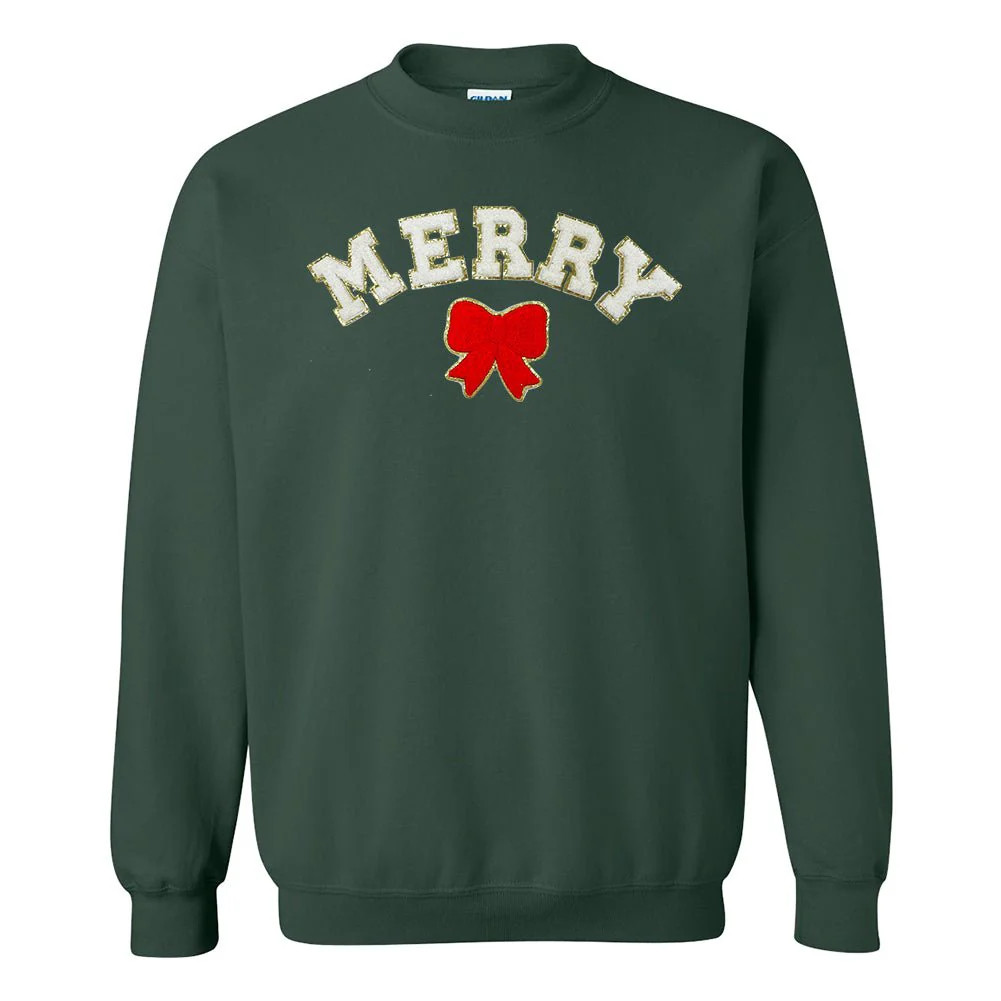 White Merry Letter Patch Crewneck Sweatshirt | United Monograms