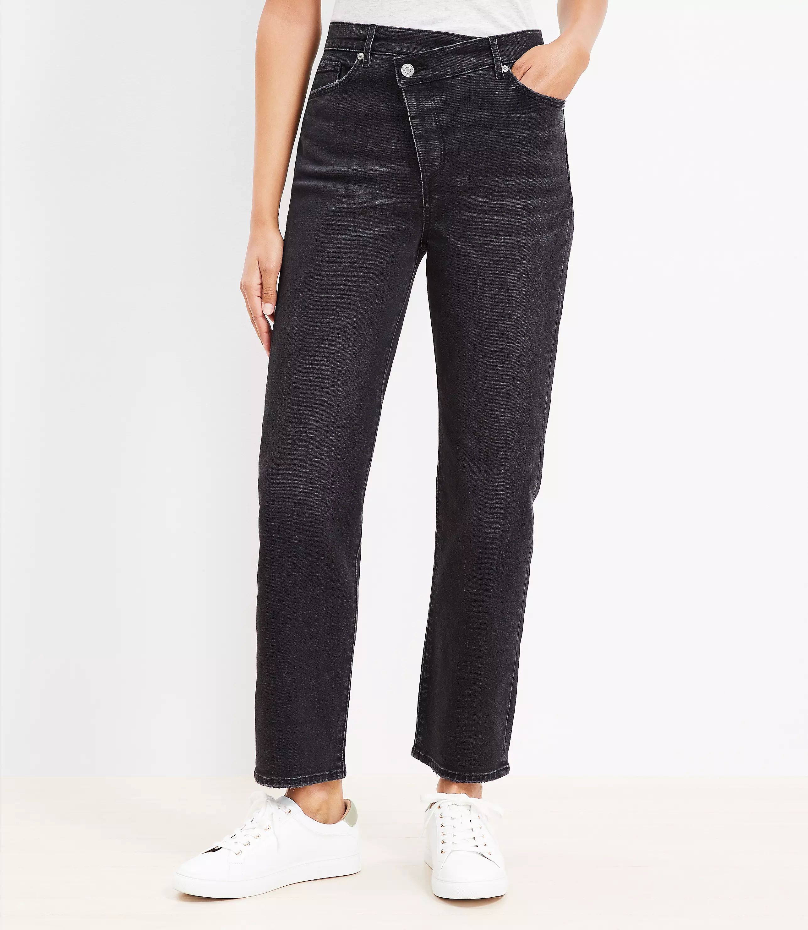 Crisscross Waist High Rise Straight Jeans in Washed Black | LOFT