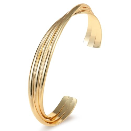 Emibele Gold Cuff Bracelets for Women, Dainty 14K Gold Plated Bracelets 3 Layers Twisted Wire Gold Thin Cuff Open Bangle Bracelet Minimalist Jewelry | Amazon (US)