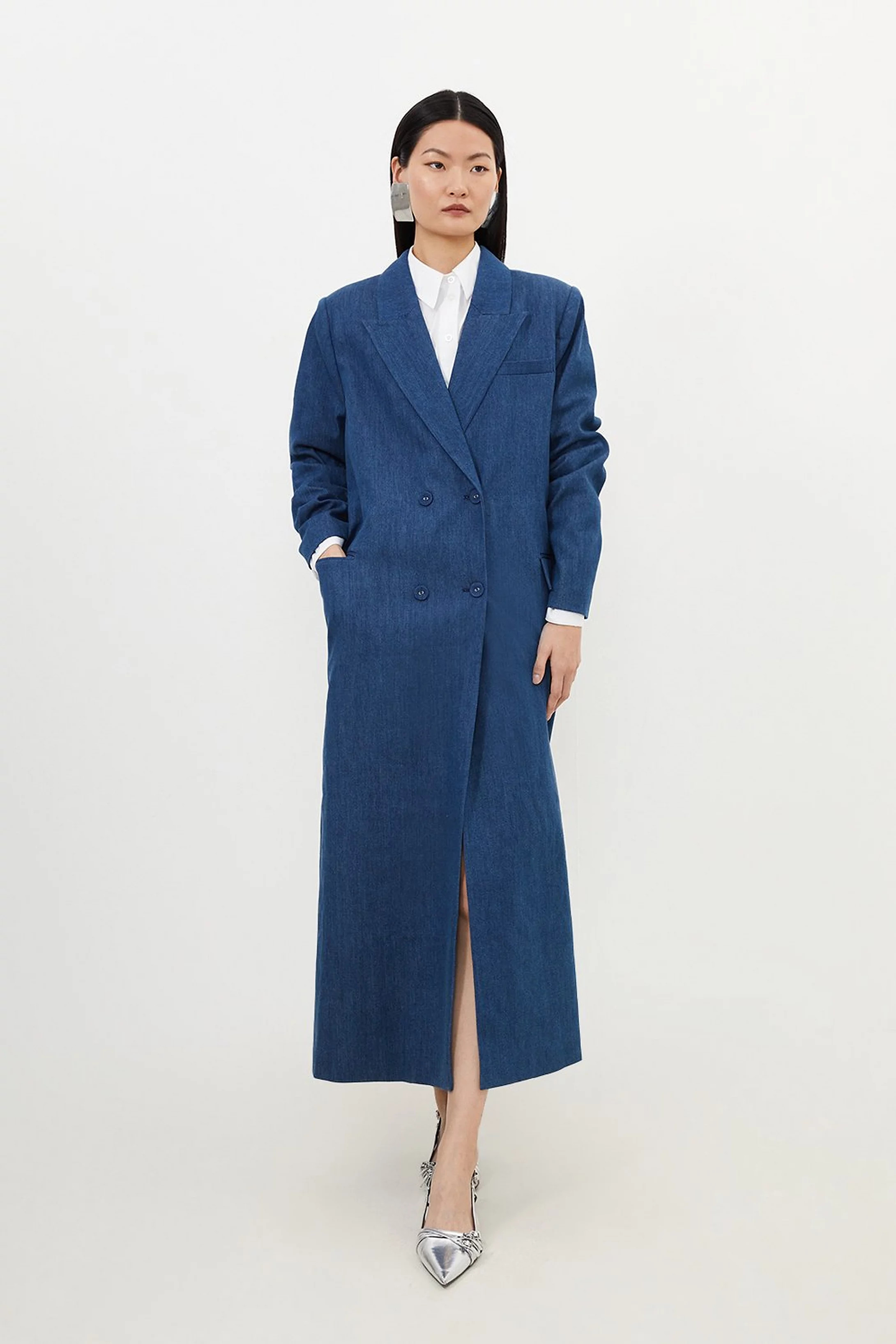Denim Double Breasted Maxi Coat | Karen Millen UK + IE + DE + NL