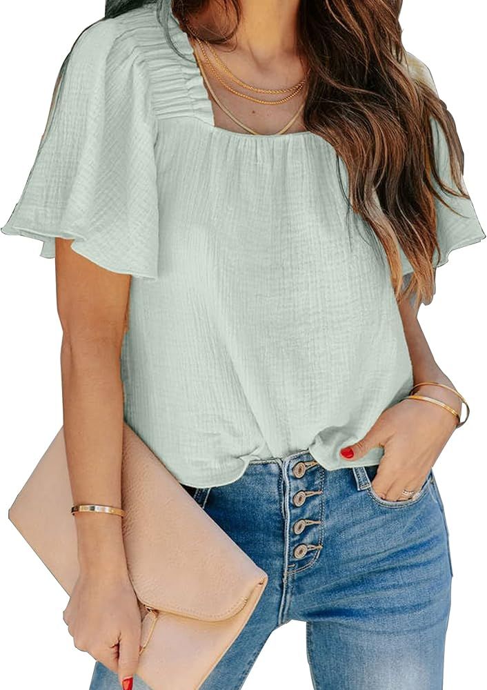 Women's Flowy Short Sleeve Blouses Casual Square Neck Solid Fold Pleated Shirts Tops | Amazon (US)