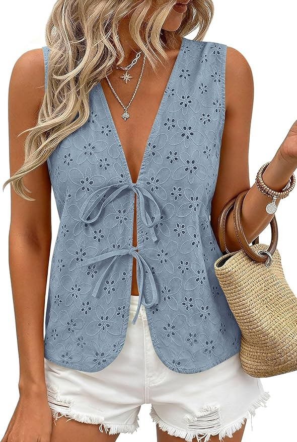 PRETTYGARDEN Women 2026 Summer Tie Front Eyelet Tank Tops Trendy Floral Vest Sleeveless V Neck Dr... | Amazon (US)