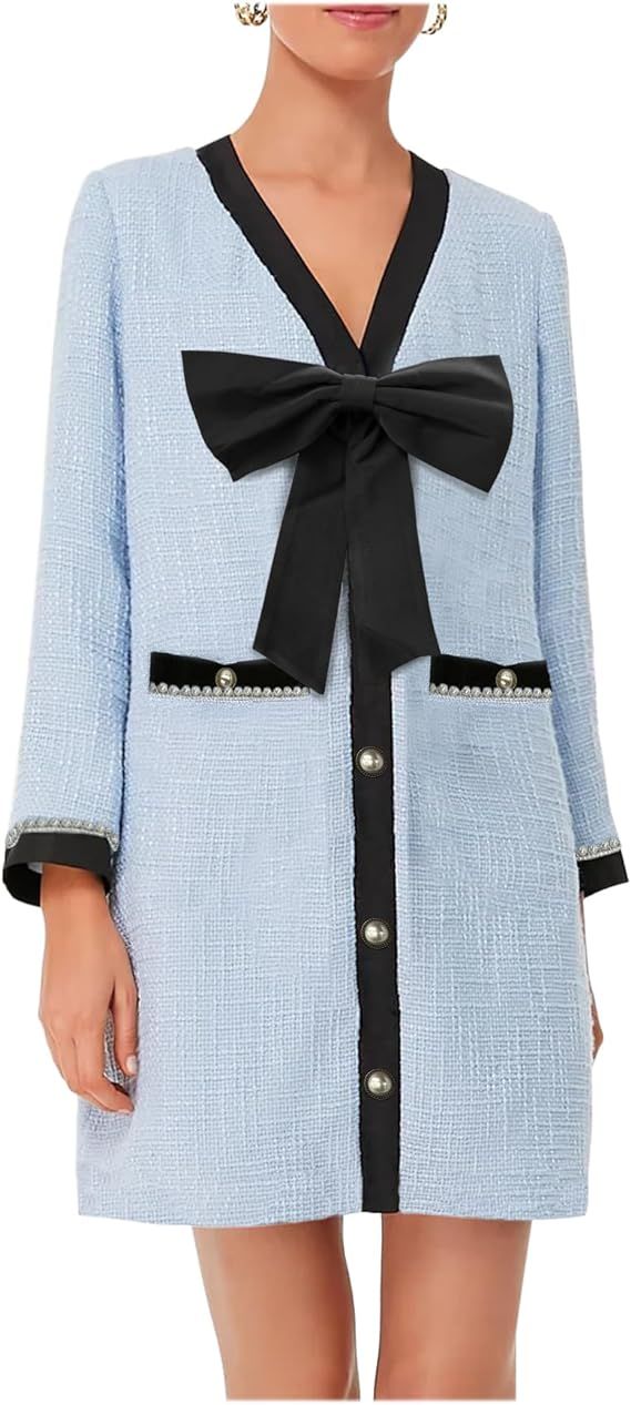 Women's Tweed Bow Mini Dress Long Sleeve V Neck Button Down Dress Elegant Business Work Dress | Amazon (US)