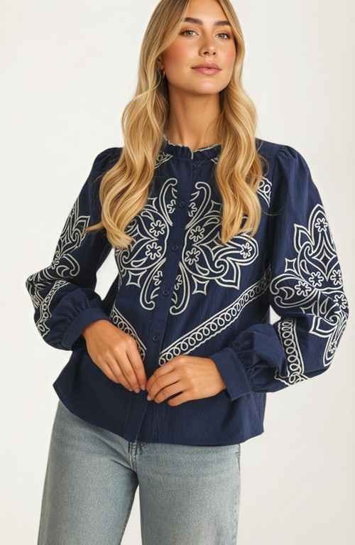 Knit and Lounge Embroidered Button-Front Puff-Sleeve Blouse in Navy Embroidered at Nordstrom, Size Large | Nordstrom
