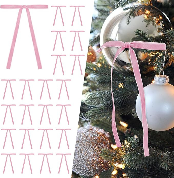 SIMISI RIBBON 24 Pcs Pink Velvet Christmas Tree Bows Door Garland Decor Vintage Wreath Bow (3/8''... | Amazon (US)