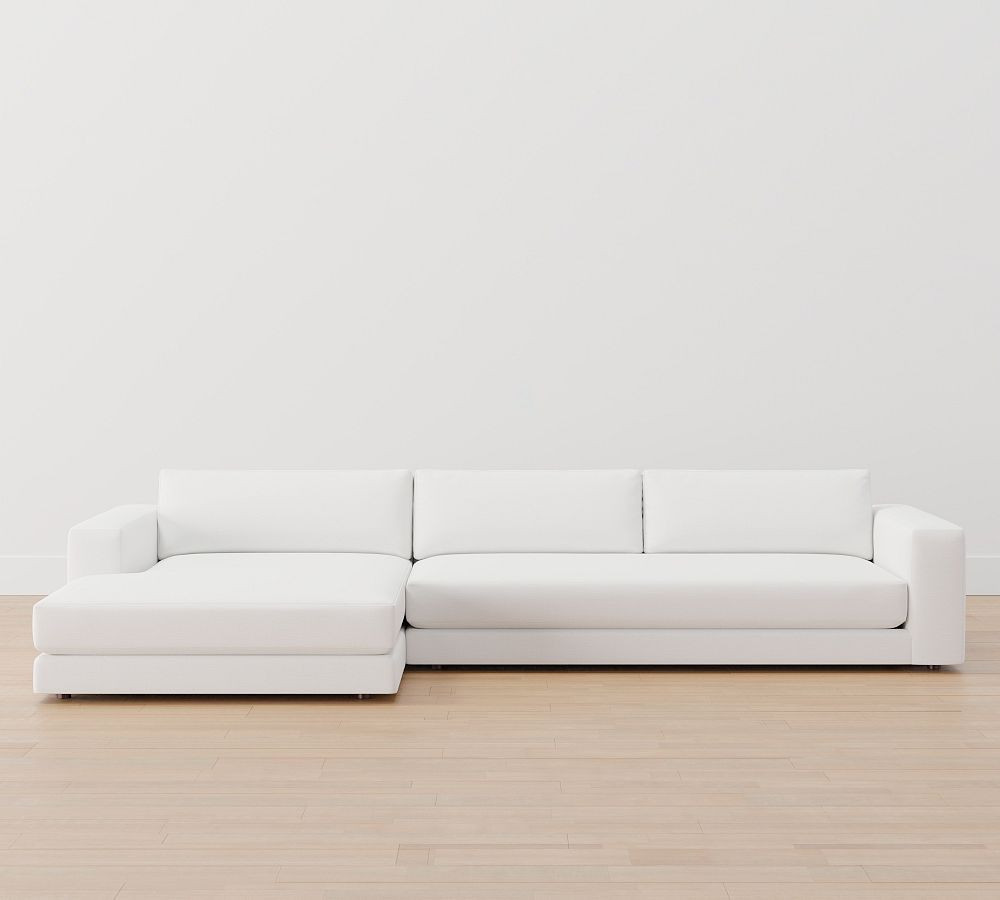Carmel Lounge Square Arm Upholstered Right Arm Sofa with Double Chaise Sectional and Bench Cushion, Down Blend Wrapped Cushions, Performance Slub Weave White | Pottery Barn (US)