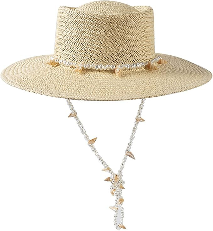 Straw Sun Hat for Women Fashion Beaded String 3.3inch Wide Brim UV Protections for Beach Vacation... | Amazon (US)
