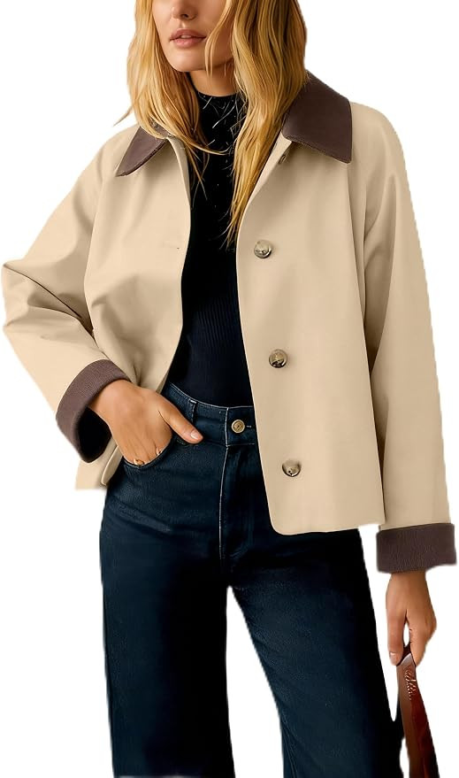 Womens Contrast Collar Jacket Casual Button Down Long Sleeves Crop Trench Coat Outerwear with Poc... | Amazon (US)
