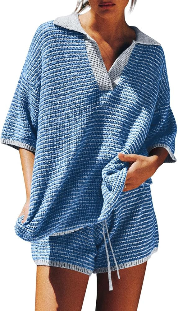 Tankaneo Womens Sweater Set 2 Piece Outfits Oversized 3/4 Sleeve V Neck Knit Tops High Waisted Sh... | Amazon (US)