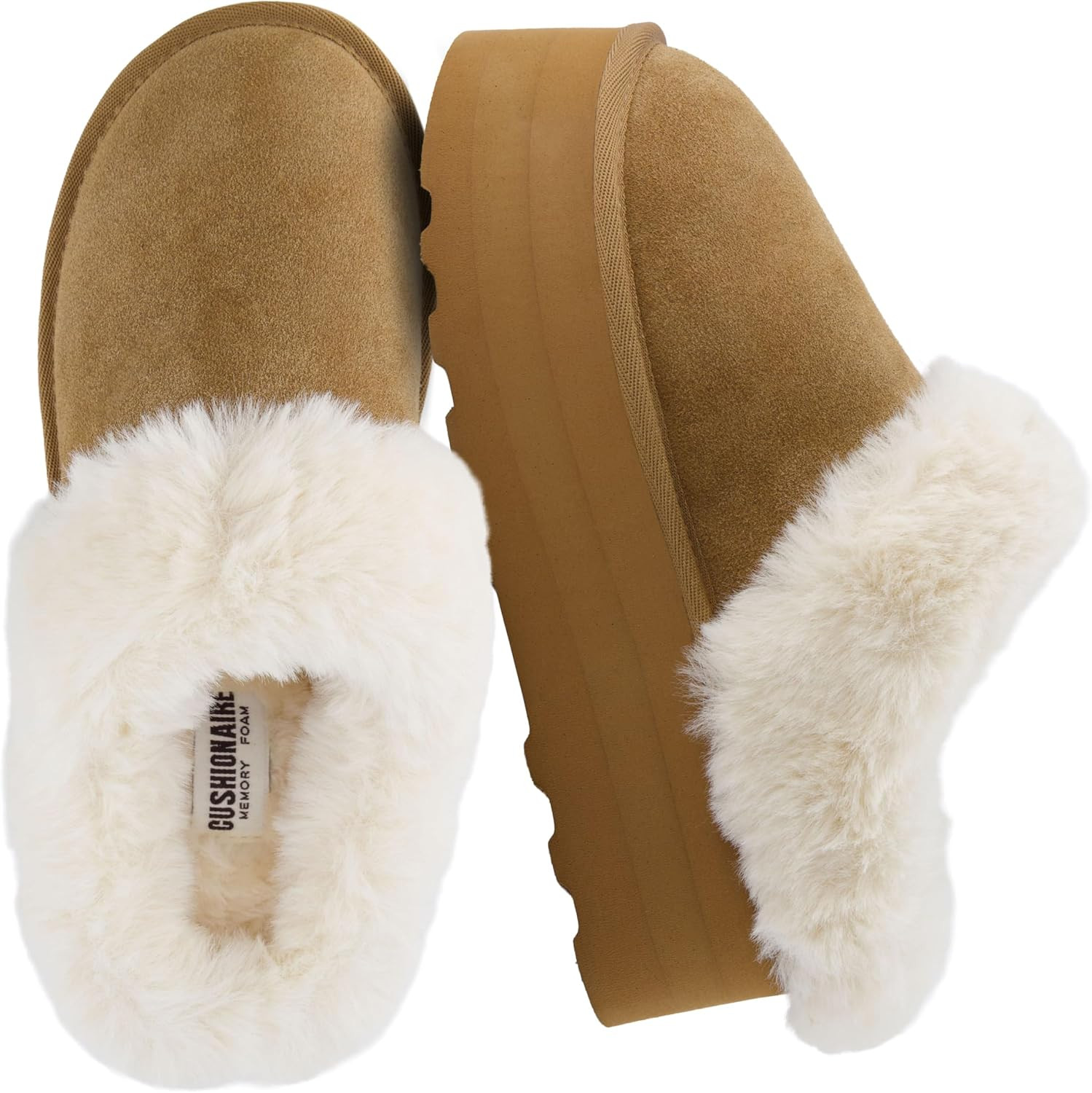 CUSHIONAIRE Husky 100% Genuine Suede Platform Slippers for Women with Fuzzy Faux Fur Lining, Comfortable Memory Foam Platform Clog Slippers, Wide Widths Available | Amazon (US)
