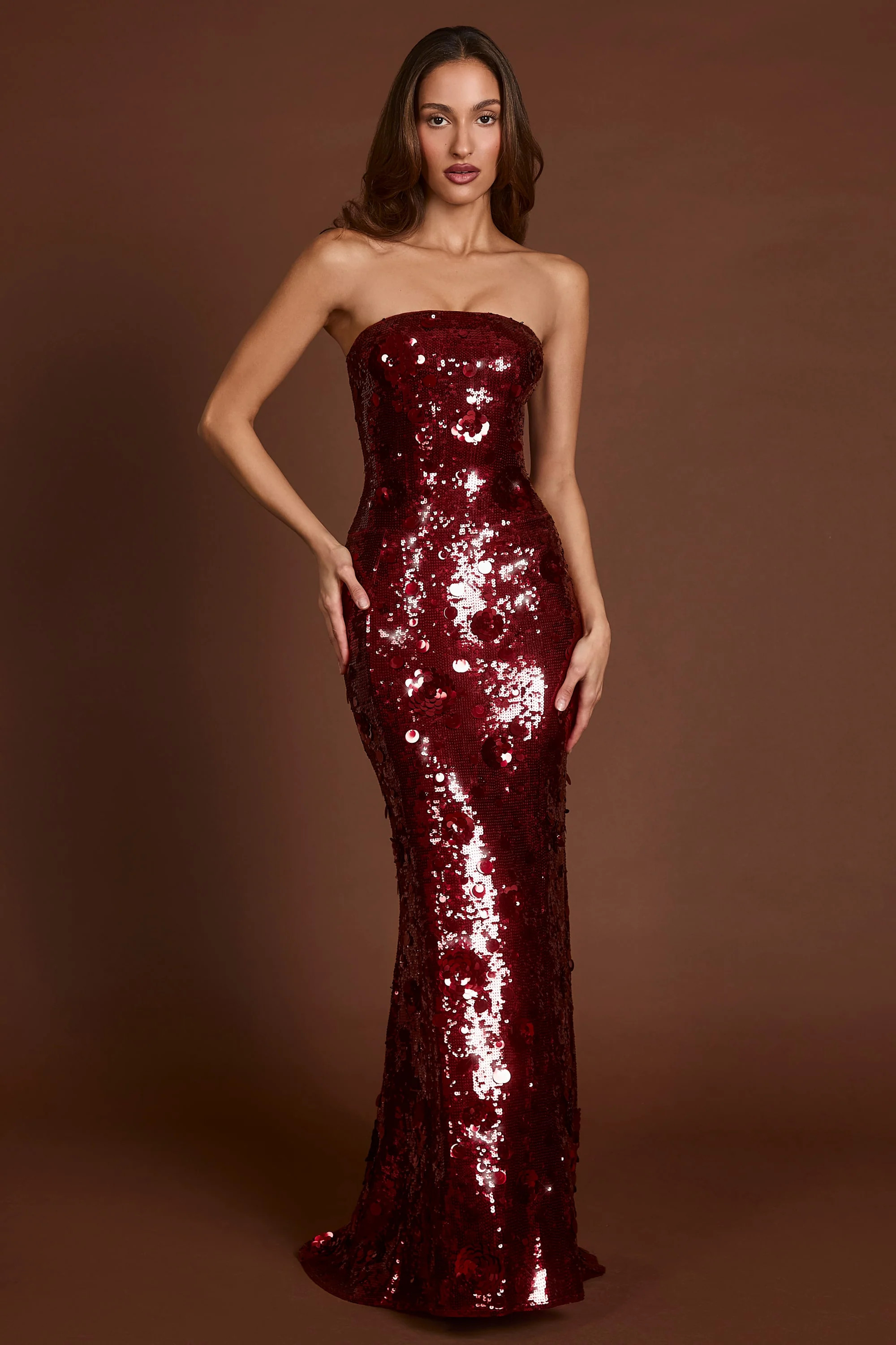 3D Embellished Bandeau Maxi Dress in Red | Oh Polly