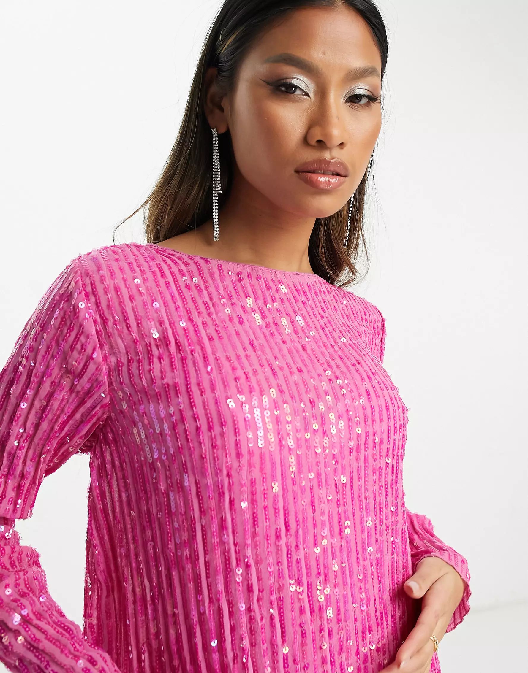 ASOS DESIGN long sleeve shift mini dress in plisse sequin in pink | ASOS (Global)