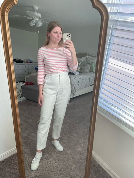 Pink stripe top with white high waist pants. Valentine’s Day office look  
