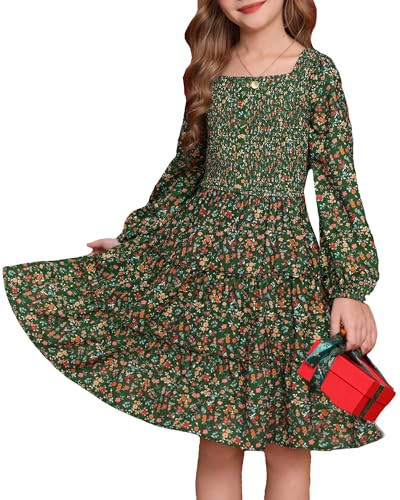 Girls Green Dress Fall Long Sleeve Floral Square Neck Button Smock Front Ruffle Tiered Christmas Dresses Fashion Outfit | Amazon (US)