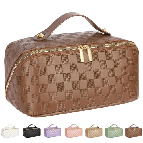 Large Capacity Travel Cosmetic Bag - Portable Makeup Bags for Women Waterproof PU Leather Checkered Makeup Organizer Bag with Dividers and Handle,Toiletry Bag for Cosmetics, Brown | Amazon (US)