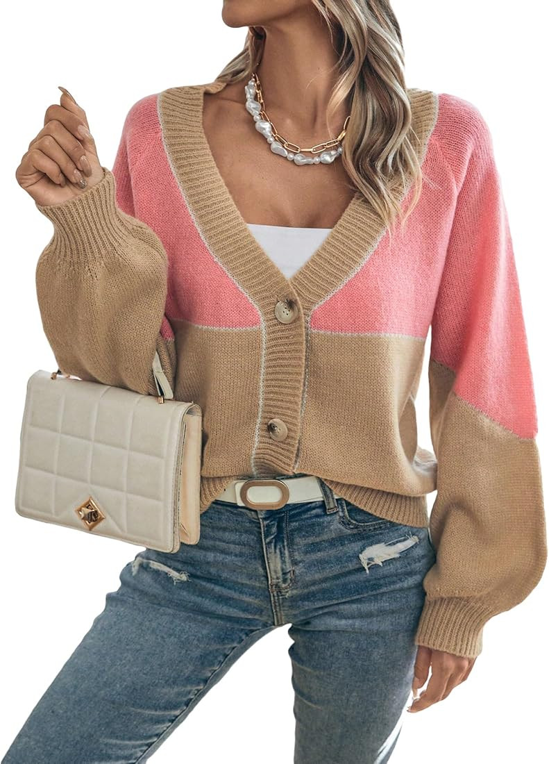 SweatyRocks Women's Color Block V Neck Button Front Knit Cardigan Sweater Outerwear | Amazon (US)