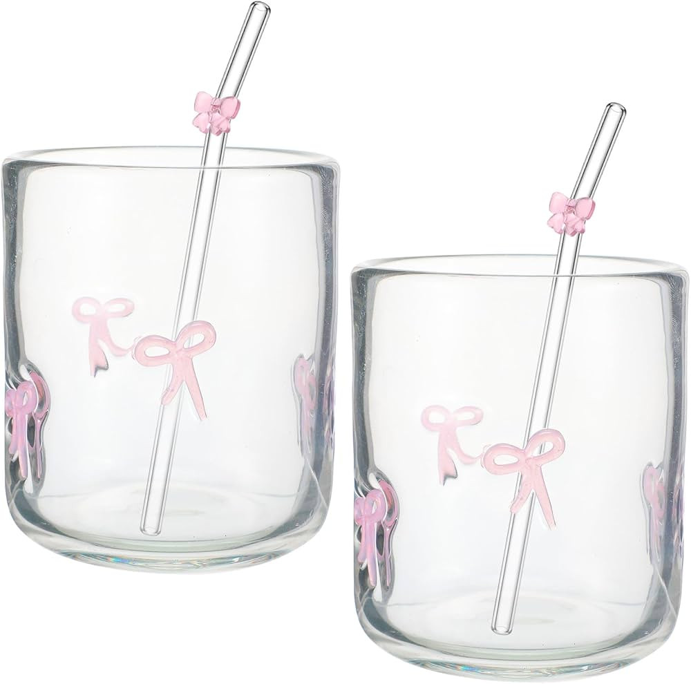 Skylety 2 Set Pink Bow Icon Juice Glass with Pink Bow Glass Straws Aesthetic Cup 14 Ounce Double ... | Amazon (US)