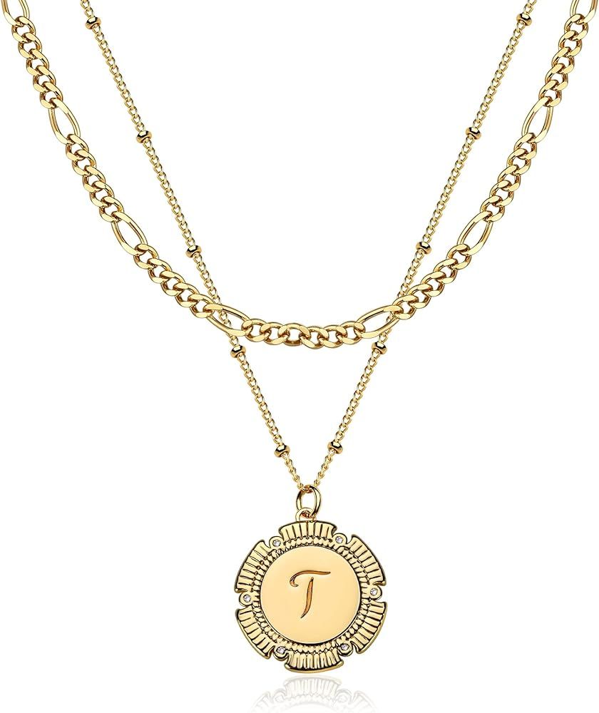 MTMY Women Layered Initial Necklaces,14K Gold Plated Adjustable Figaro Chain Dainty Necklace Pers... | Amazon (US)
