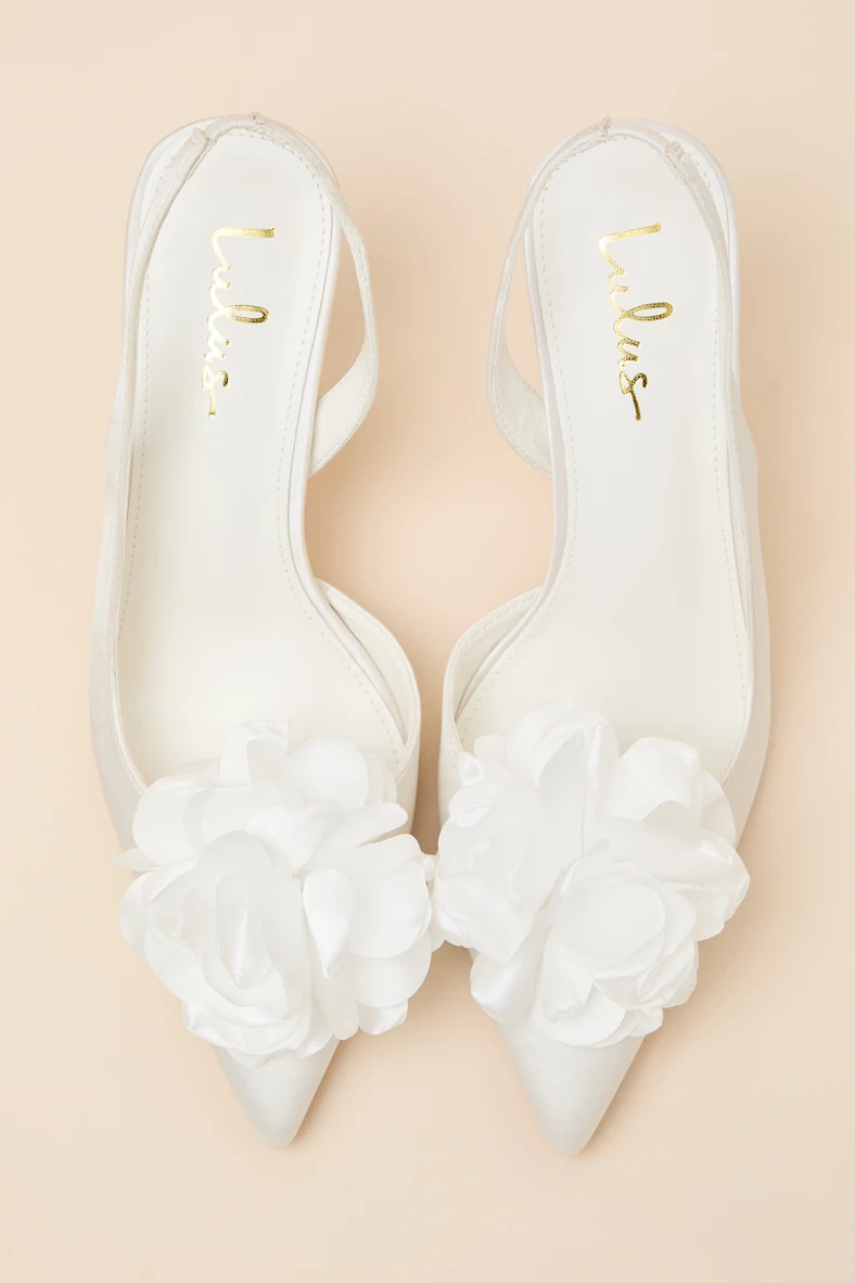 Courtney Ivory Satin Floral Applique Slingback Pumps | Lulus