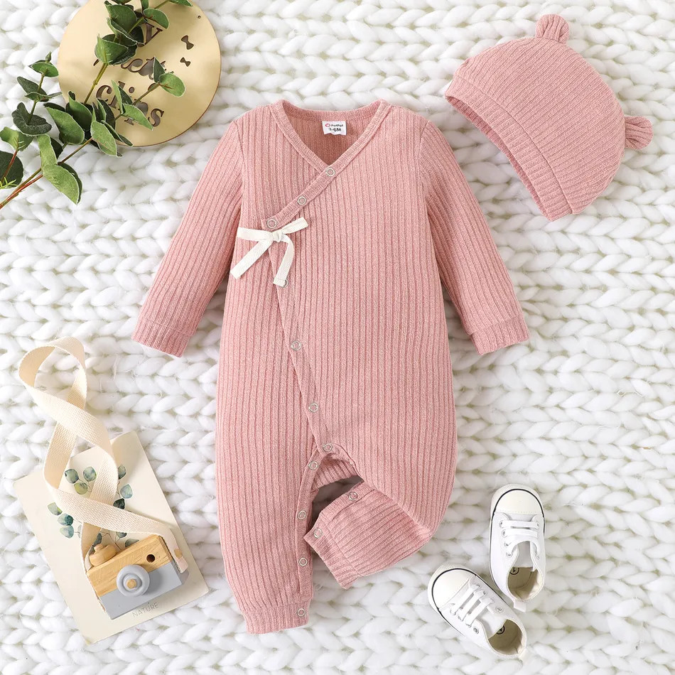 2pcs Baby Boy/Girl Solid Rib Knit Long-sleeve Button Jumpsuit with Hat Set | PatPat