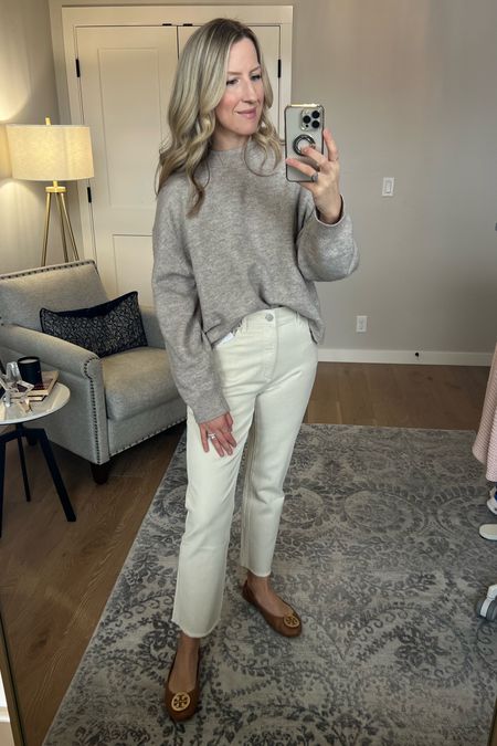 I love these high waisted ecru denim jeans paired with a neutral chunky sweater'

#LTKsalealert #LTKfamily #LTKstyletip
