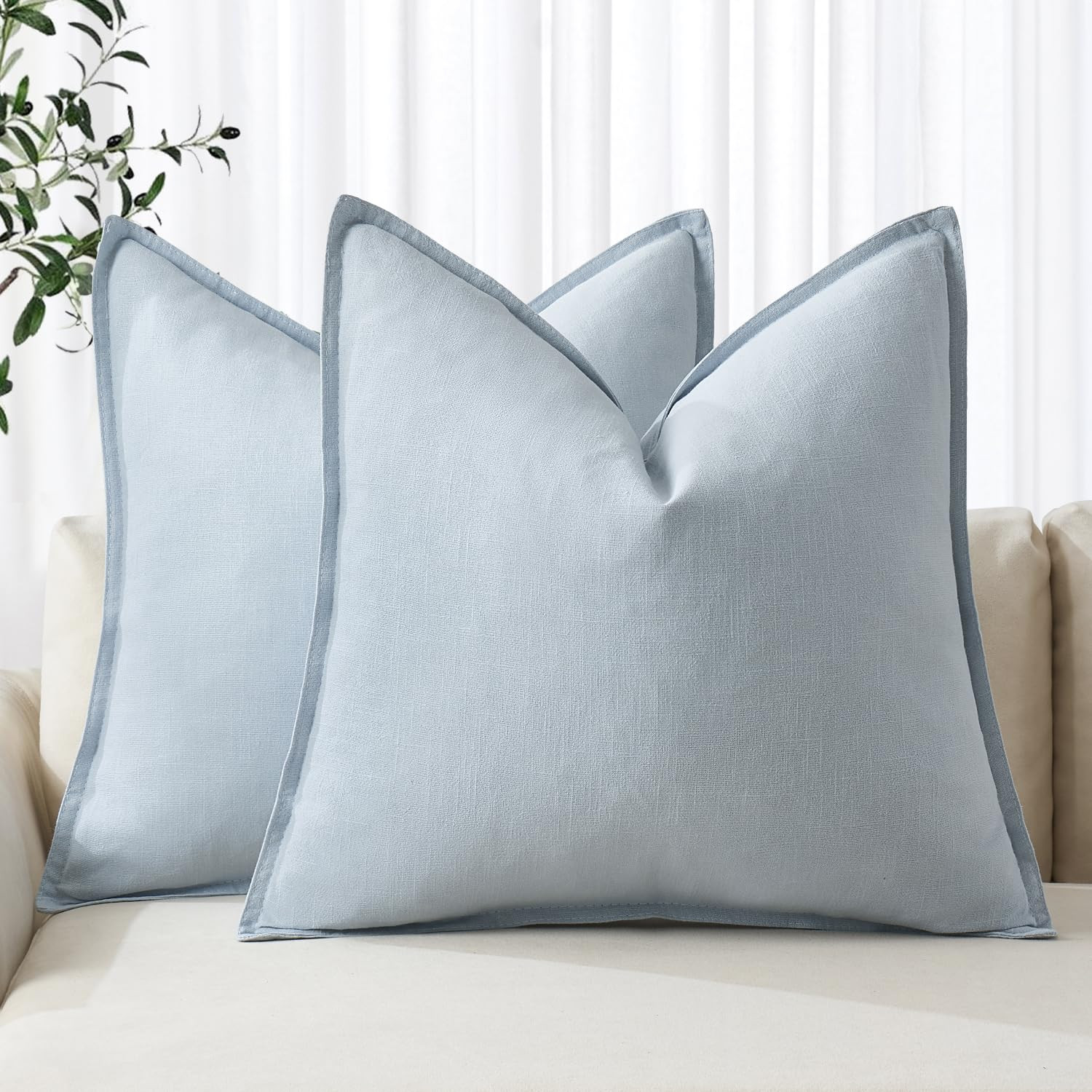 MIULEE Decorative Linen Pillow Covers 18x18 Inch Light Blue ​Boho Farmhouse​ ​Neutral Couch... | Amazon (US)