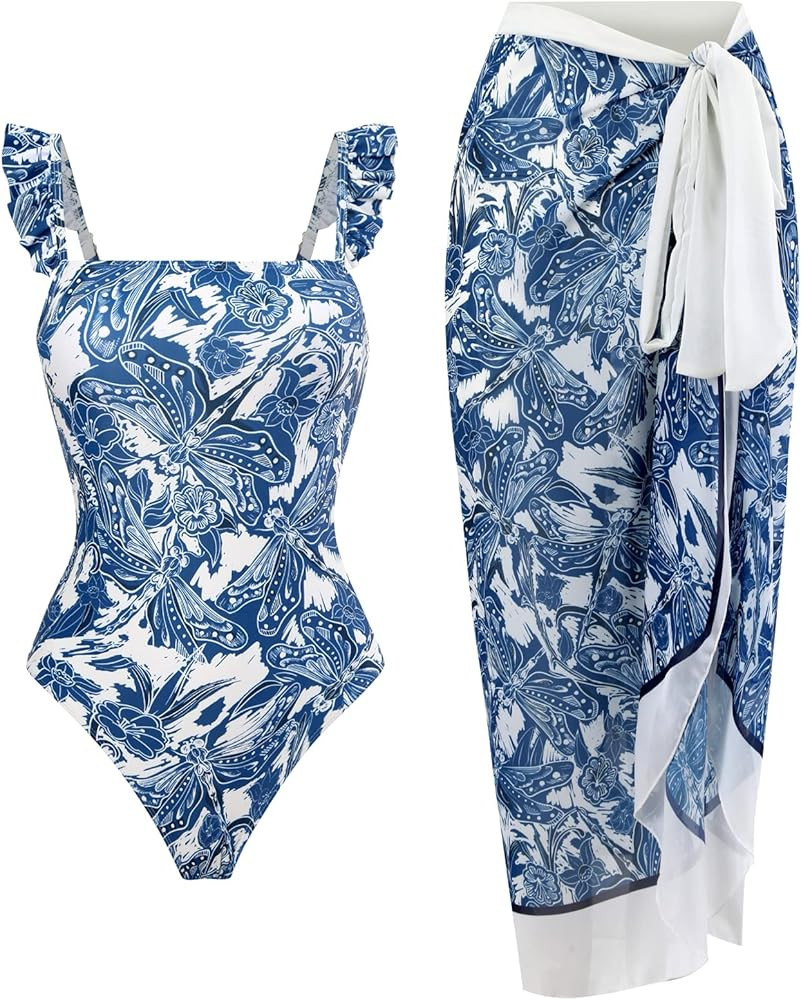 Women Swimwear Two Piece Set Swim Dress Tops Vintage Print Swimsuit Monokini Bikini Set | Amazon (US)