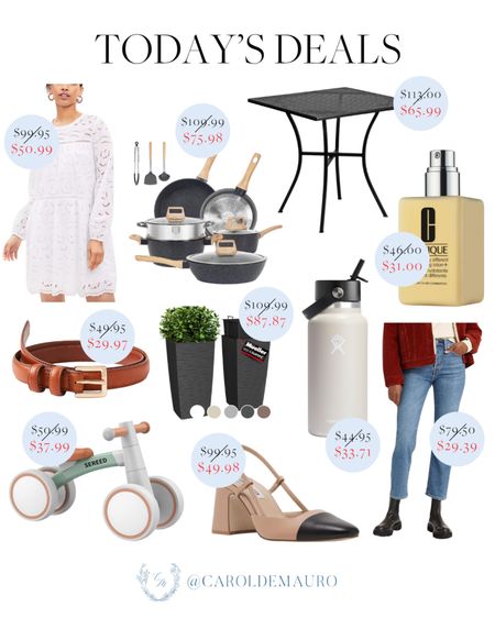 Don't miss out on today's deals which include a white laced mini dress, a black outdoor table, Clinique moisturizer, belt, toddler bicycle toy, neutral slingback heels, and more!
#onsalenow #patiorefresh #springfinds #fashionaccessories

#LTKStyleTip #LTKSeasonal #LTKSaleAlert