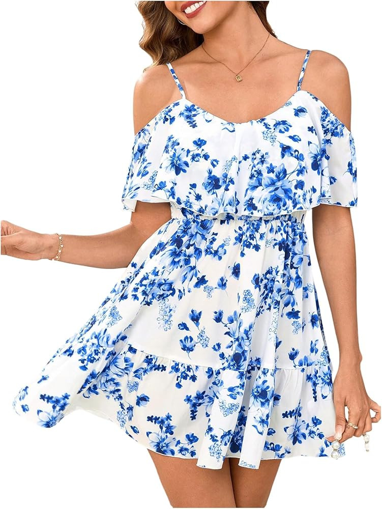 SOLY HUX Women's Boho Floral Print Cold Shoulder Dress Short Sleeve Ruffle A Line Vacation Elegan... | Amazon (US)