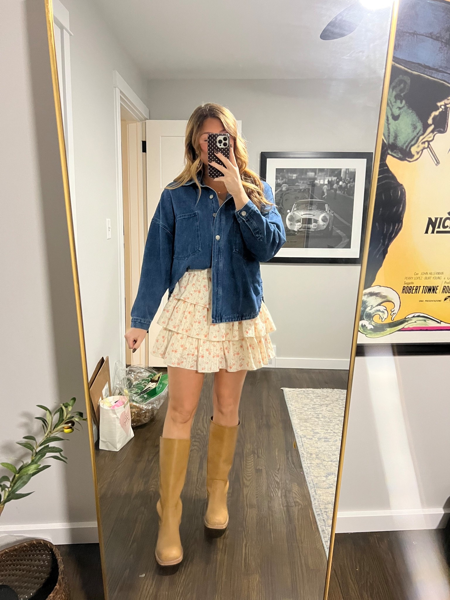 thanksgiving outfit idea! oversized denim shirt, floral ruffle skirt, banana boots. everything fits true to size! 

#LTKHoliday #LTKFindsUnder50 #LTKootd