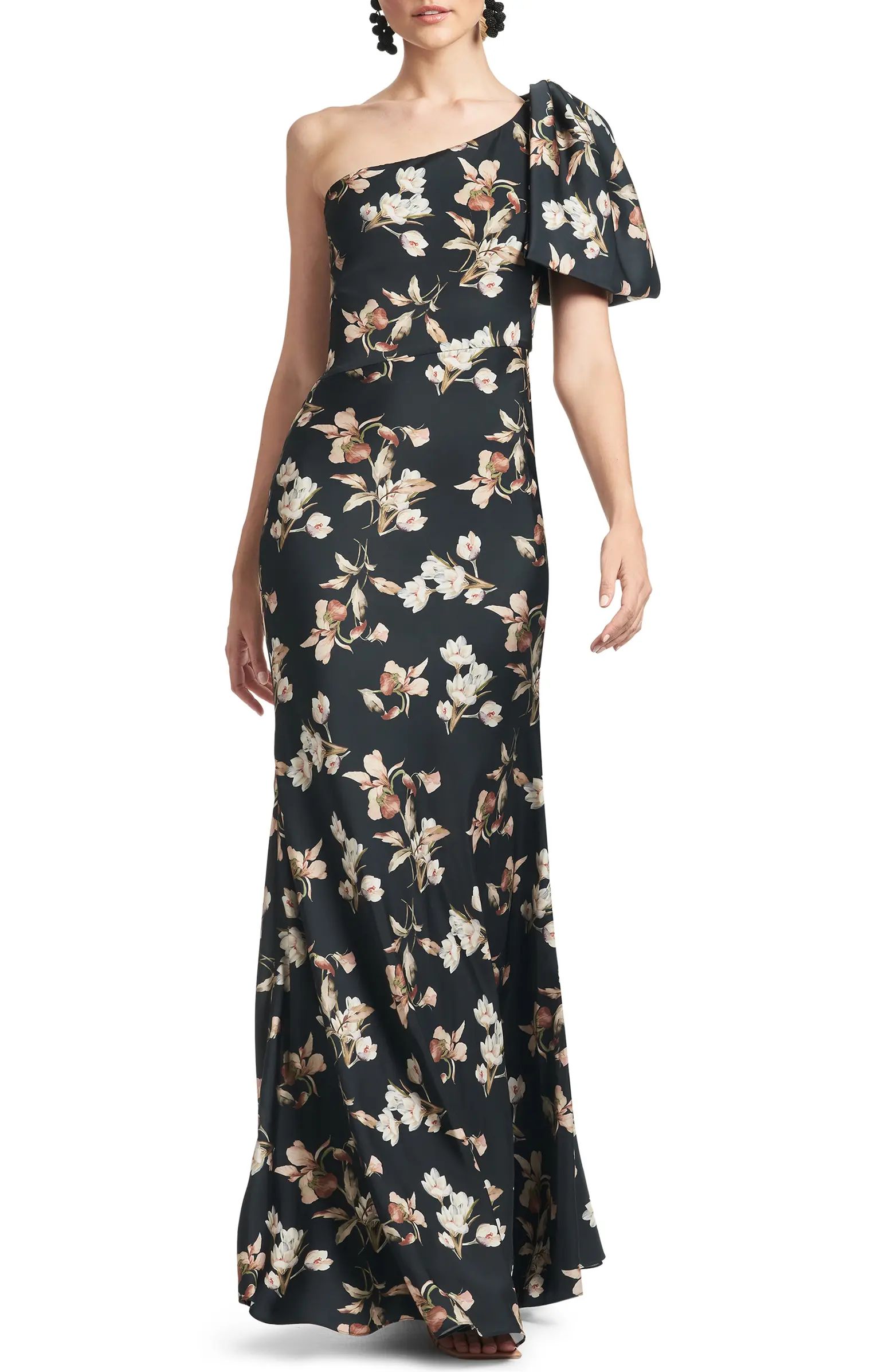 Aubrey One-Shoulder Floral Satin Charmeuse Body-Con Gown | Nordstrom