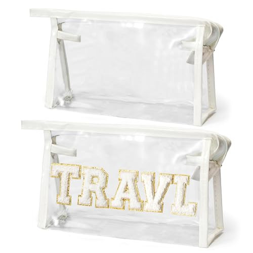 EZdhuawuse Preppy Patch Clear Cosmetic Bag - 2Pcs TRAVEL Chenille Letter Toiletry Bags Transparent Waterproof Portable PVC Makeup Bag Clutch Purse Travel Bag Summer Gifts for Women Girls(White) | Amazon (US)