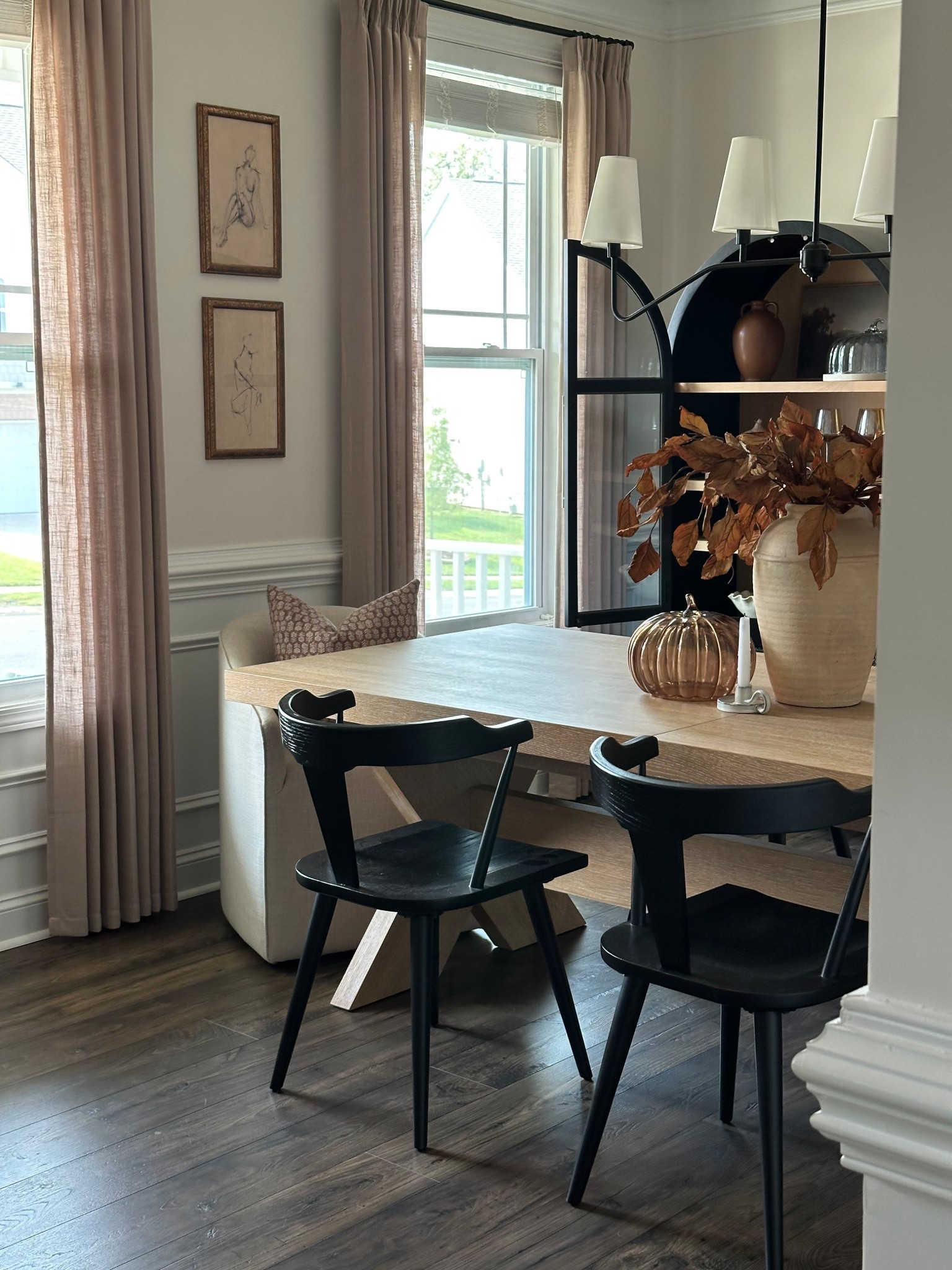 Fall Dining room . Dining room table . Arched cabinet . Dining chairs , fall decor 

#LTKHome #LTKSeasonal