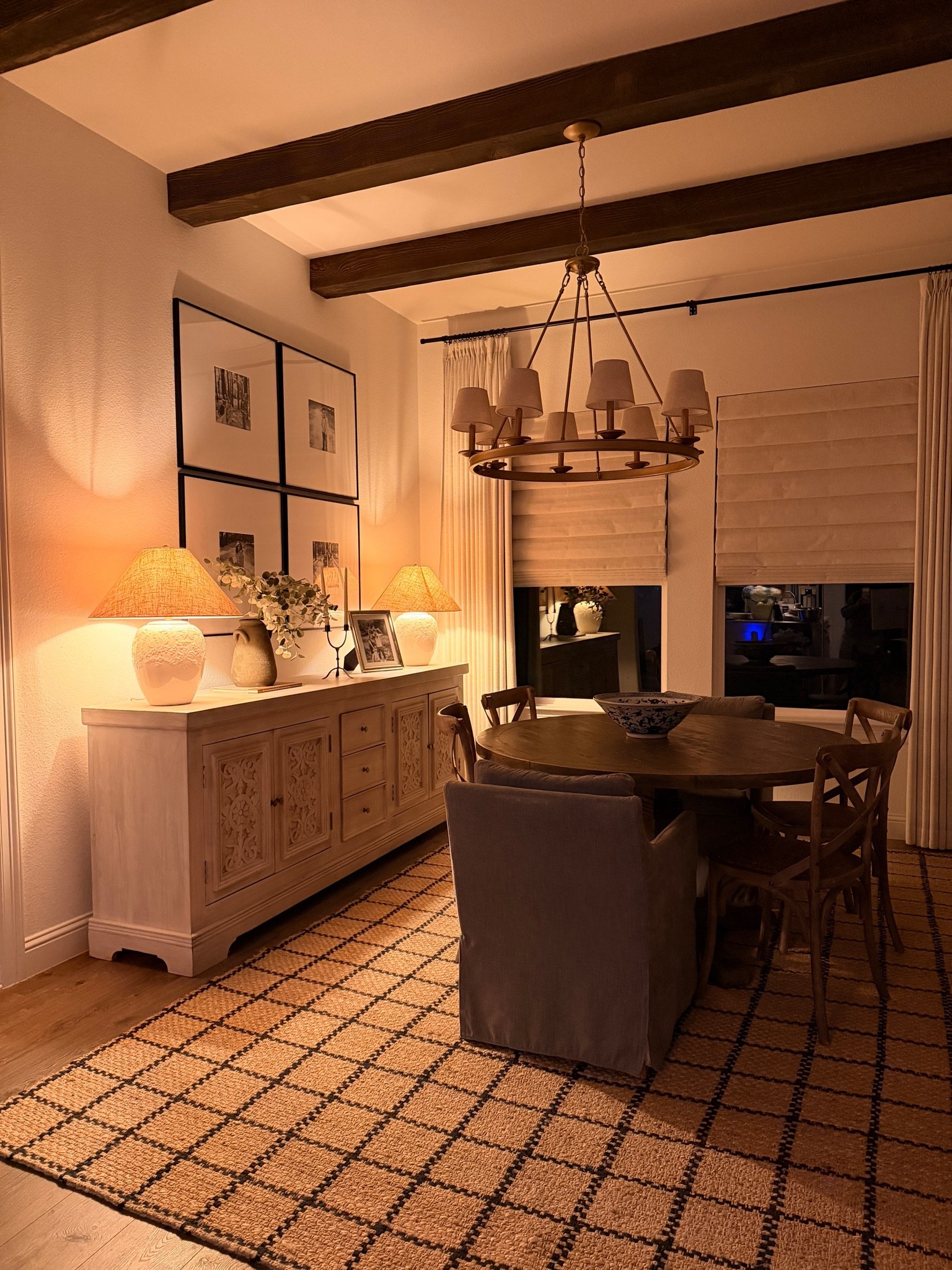 Cozy dining room, cozy home, dining table, dining chair, chairs, lighting, chandelier, curtains, sideboard, picture  frames, faux beams, table lamp, rug, home decor, timeless home, @Wayfair

#LTKHome #LTKdayinmylife #LTKmomlife