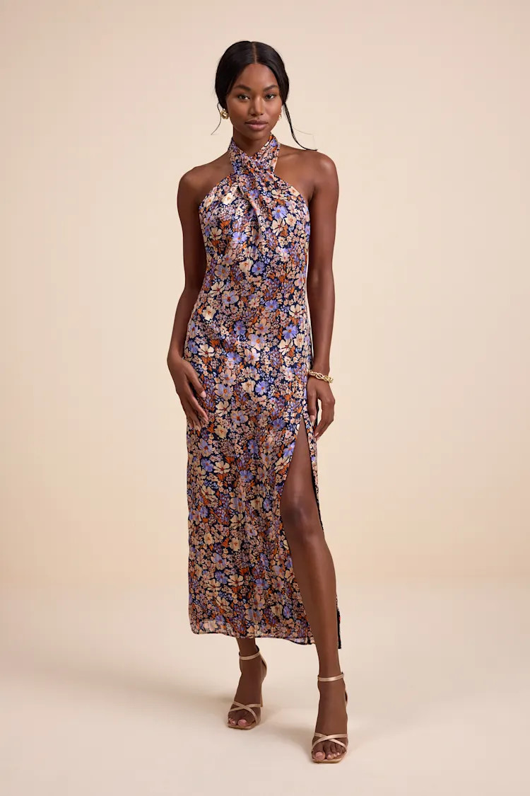 Elarinn Navy Floral Cross-Front Halter Midi Dress | Lulus