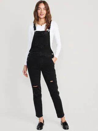 OG Straight Black-Wash Ripped Jean Overalls for Women | Old Navy (US)