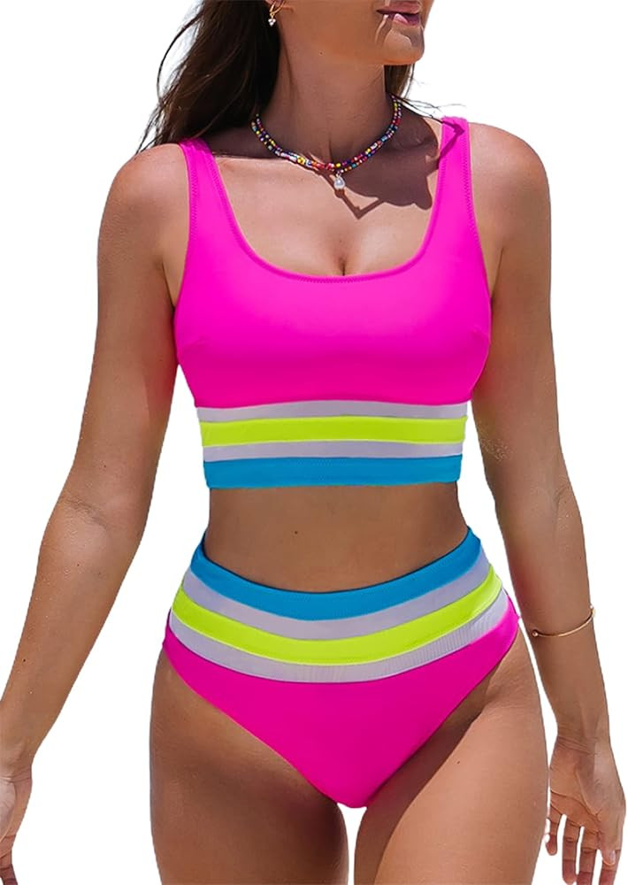 Hilinker Women's High Waisted Bikini Cut Out Sports Crop Top Color Block Swimsuit | Amazon (US)