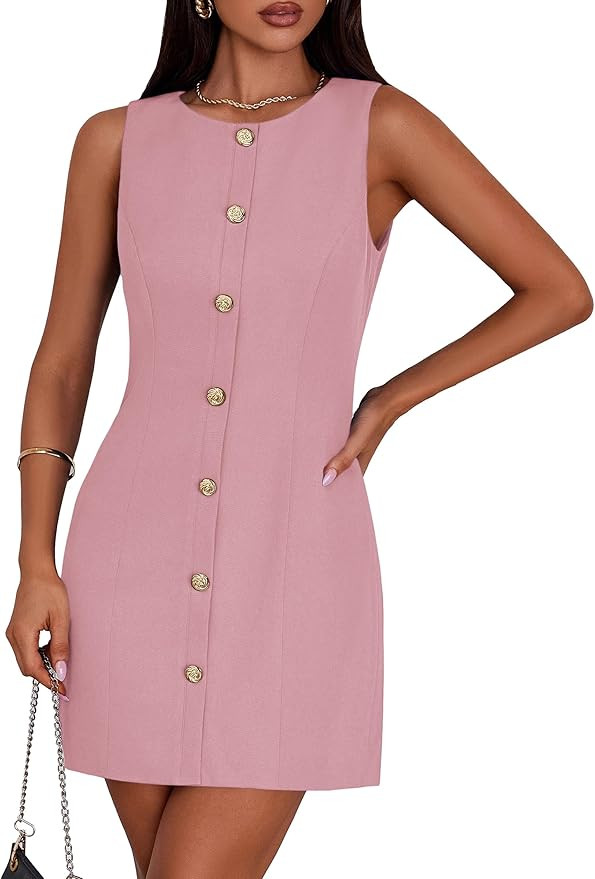 PRETTYGARDEN Work Dresses for Women 2025 Summer Business Formal Short Dress Sleeveless Button Dow... | Amazon (US)