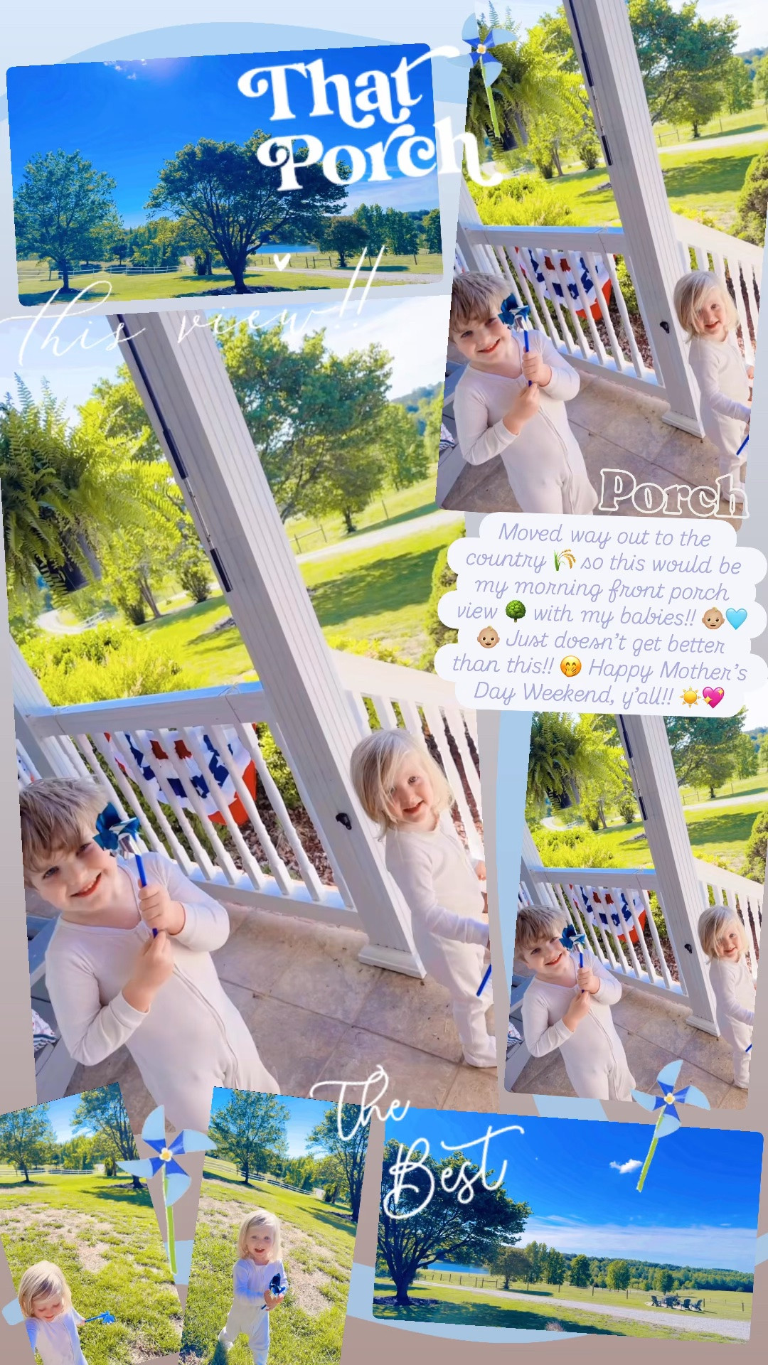 Moved way out to the country 🌾 so this would be my morning front porch view 🌳 with my babies!! 👶🏼🩵👶🏼 Just doesn’t get better than this!! 🤭 Happy Mother’s Day Weekend, y’all!! ☀️💖