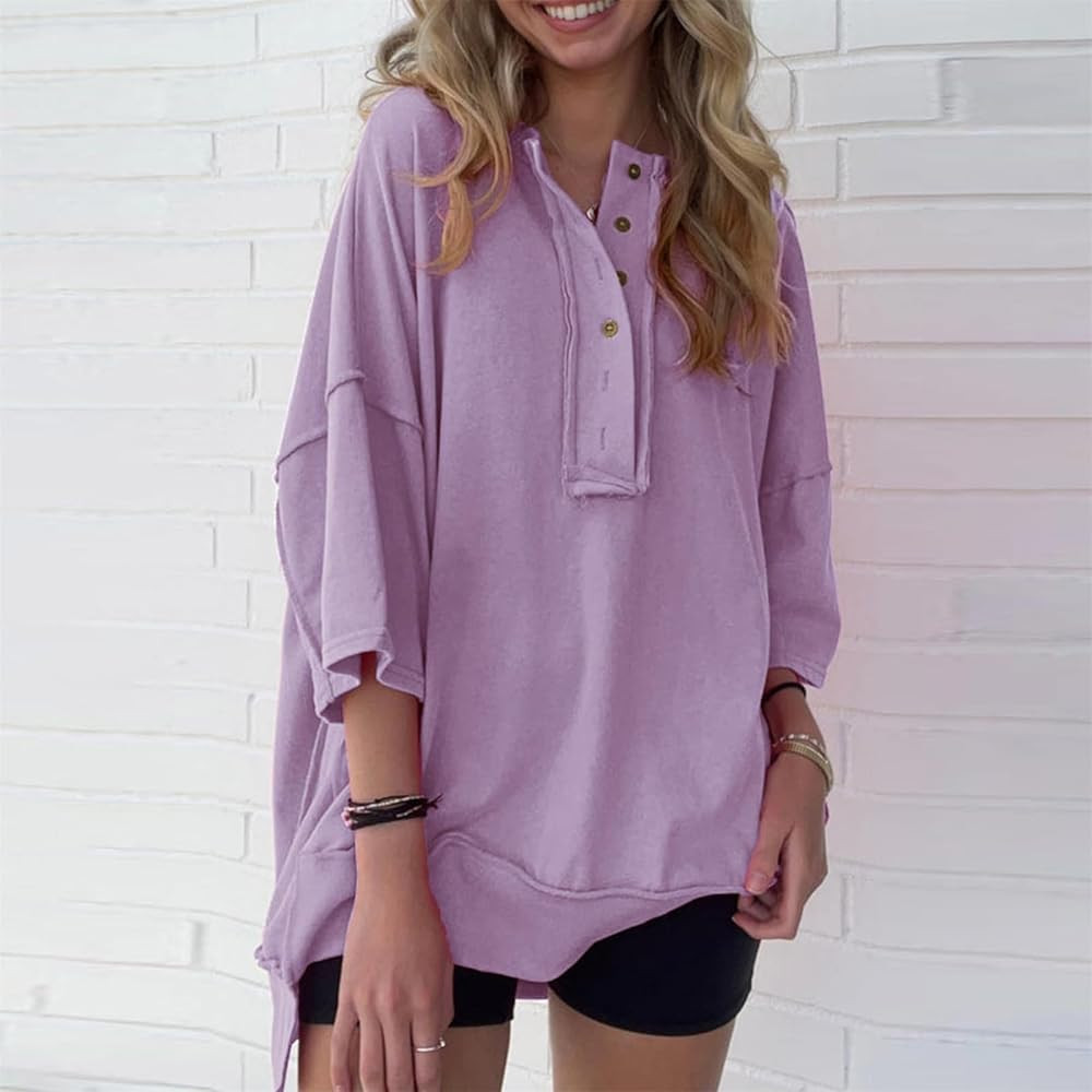 Tshirts for Women Trendy Casual 3/4 Sleeve Tops Button Down Shirts Loose Fit V Neck Pullover Swea... | Amazon (US)