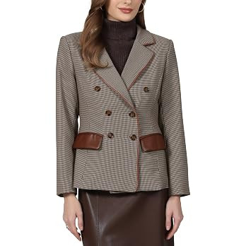 Hobemty Women's Plaid Blazer Trendy Casual Houndstooth Double Breasted Suit Jacket | Amazon (US)