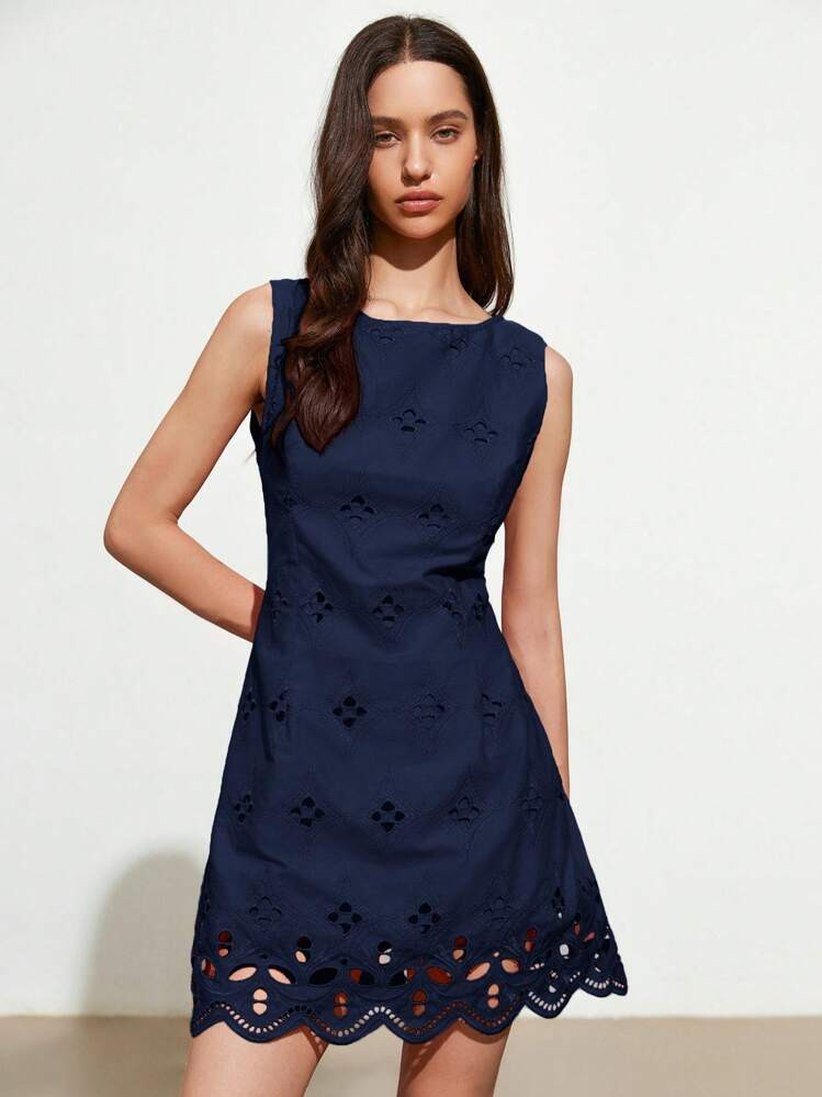Aveloria Affinna Hollow Embroidery Slim Fit Solid Sleeveless Elegant Dress For Women | SHEIN