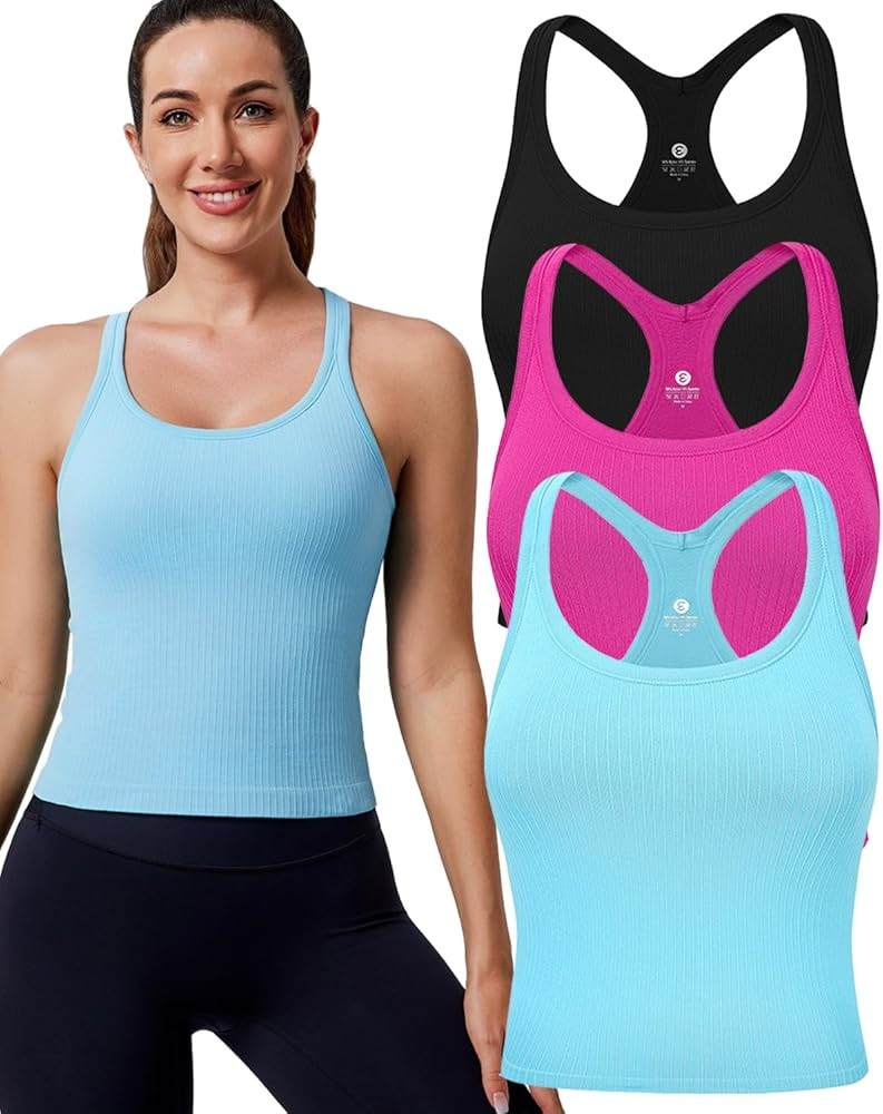 Evercute Women's 1/2/3 Pack Ribbed Workout Tank Tops with Built in Bra Racerback Seamless Crop Ta... | Amazon (US)