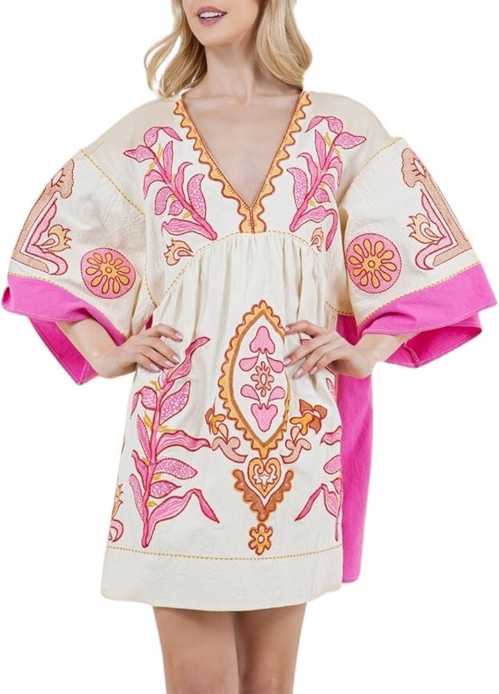 Womens Oversized Embroidered Dress with V-Neck and 3/4 Sleeves Vintage Embroidery Babydoll Dress | Amazon (US)